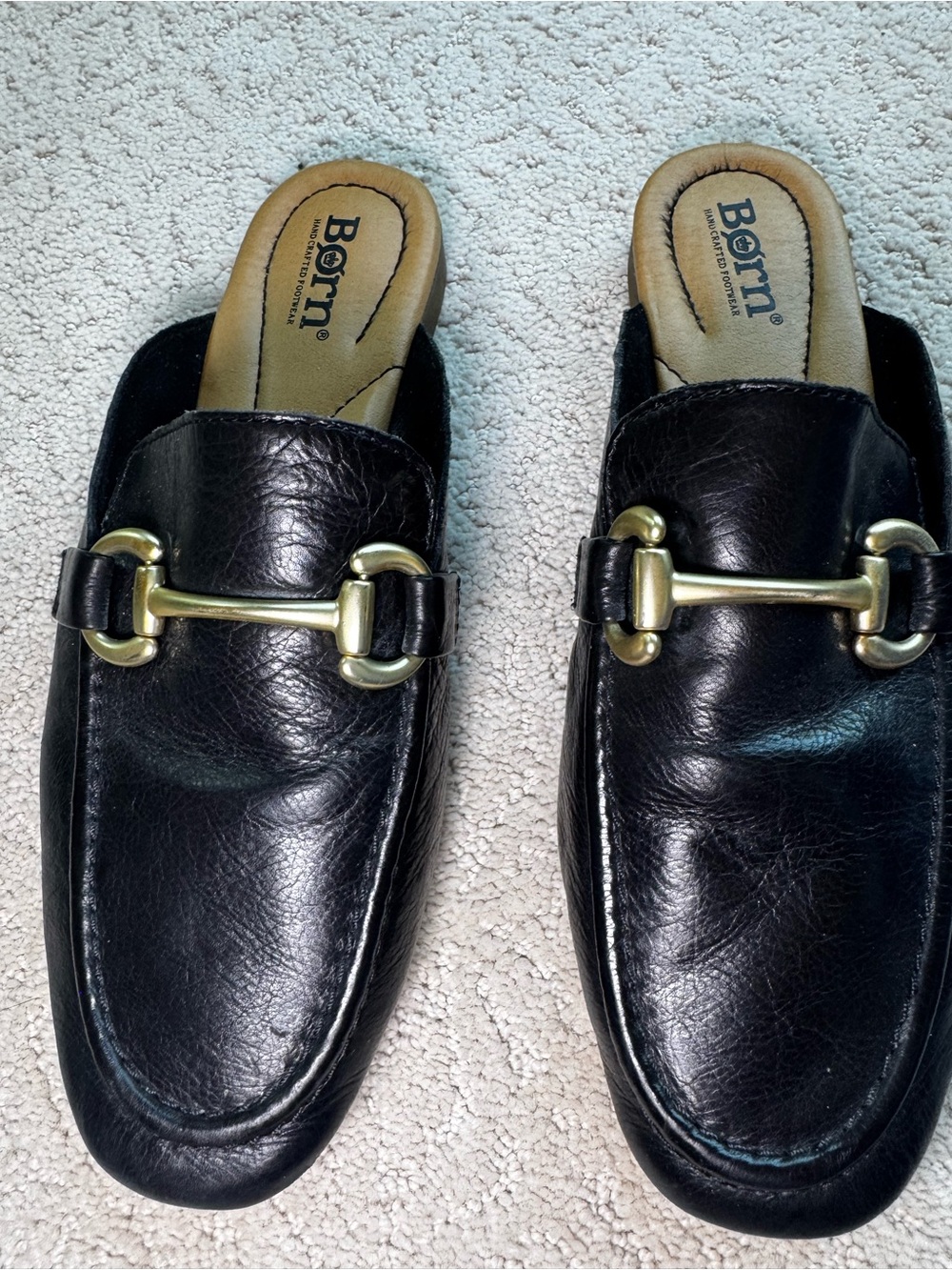 Born Black Leather Backless Loafers with Gold Horsebit - Picture 4 of 7